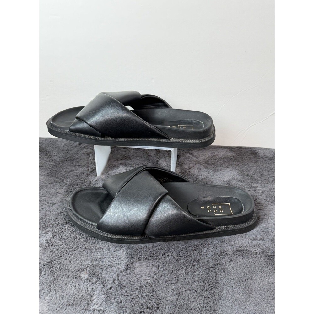 SHU SHOP Claire Women’s 8.5 Black Cross Strap Slide Sandals Comfort Flats